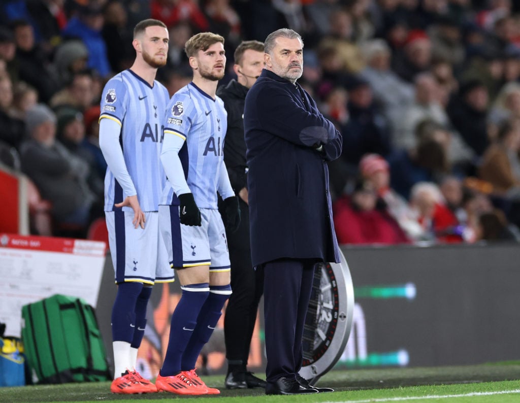 Ange Postecoglou, Manager of Tottenham Hotspur, looks on during the Premier League match between Southampton FC and Tottenham Hotspur FC at St Mary...