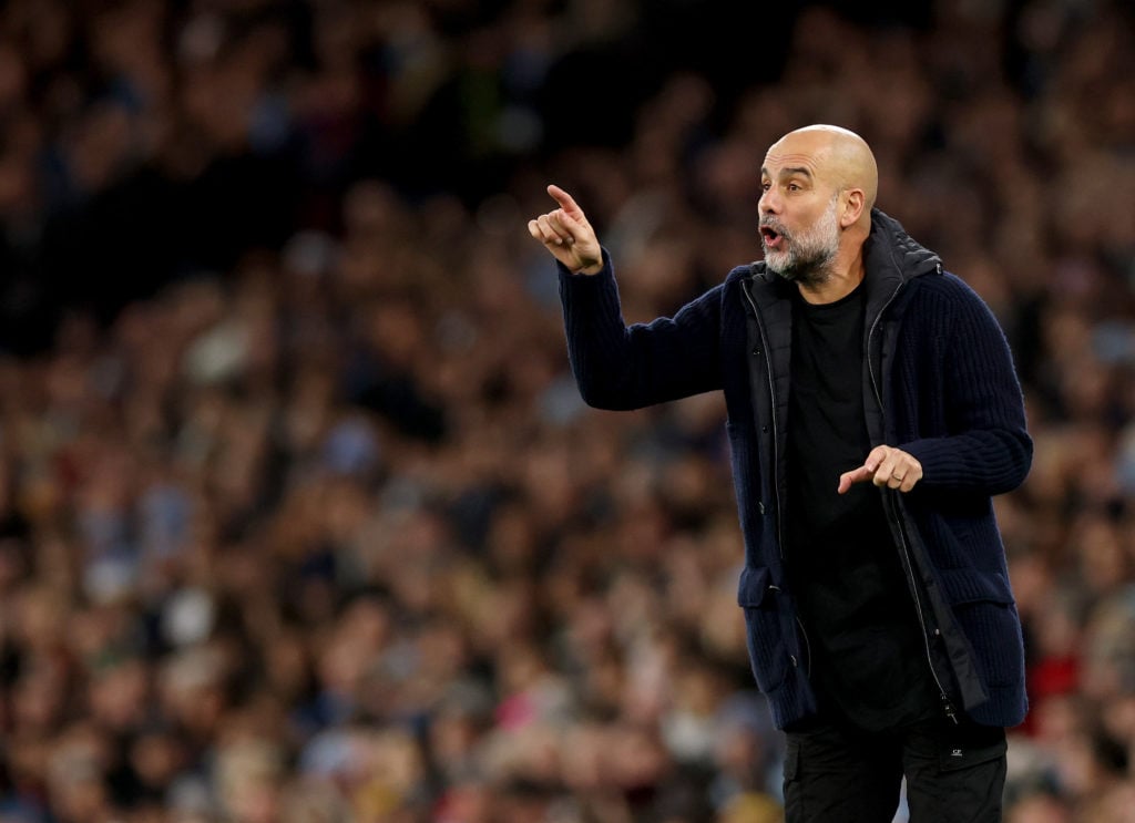 Pep Guardiola, Manager of Manchester City, during the Premier League match between Manchester City FC and Manchester United FC at Etihad Stadium on...