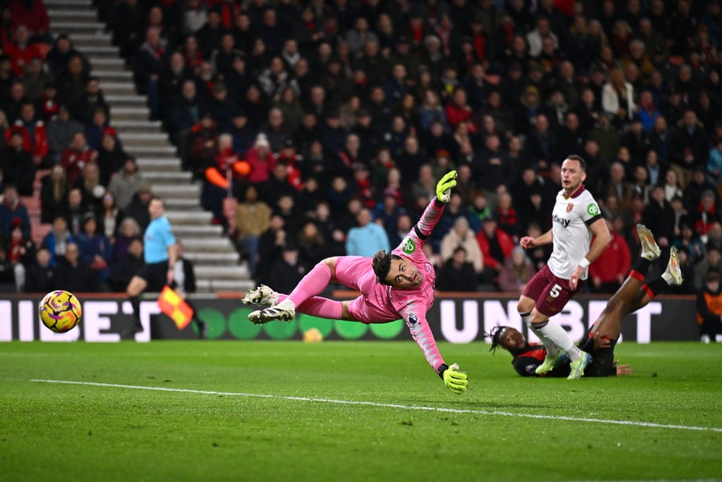 Lukasz Fabianski of West Ham United attempts to make a save as Antoine Semenyo of AFC Bournemouth shoots and misses during the Premier League match...