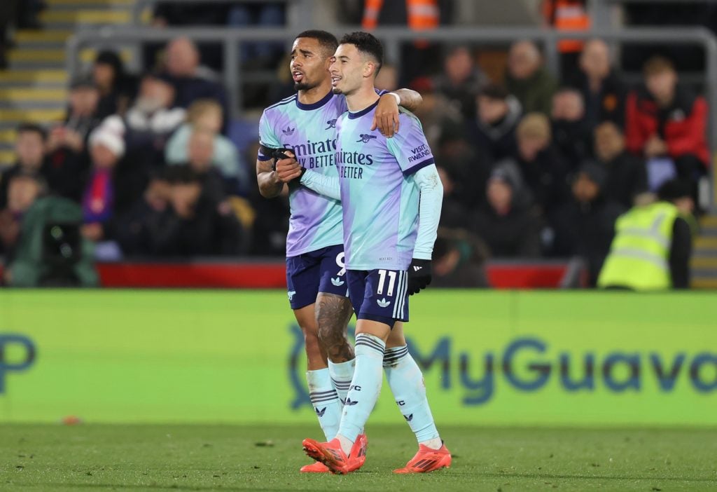 Gabriel Martinelli of Arsenal goal celebration with Gabriel Jesus of Arsenal after scoring during the Premier League match between Crystal Palace F...