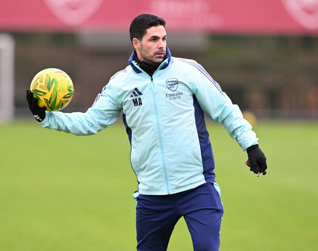 Arsenal manager Mikel Arteta during a training session at Sobha Realty Training Centre on December 17, 2024 in London Colney, England.