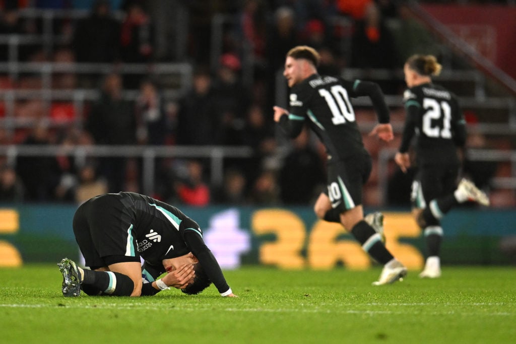 (THE SUN OUT THE SUN ON SUNDAY OUT) Wataru Endo of Liverpool reacts, while holding his face during the Carabao Cup Quarter Final match between Sout...