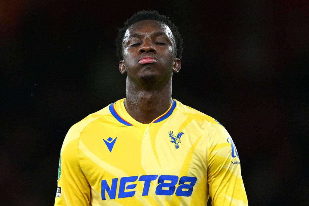 Eddie Nketiah of Crystal Palace looks dejected after the team's defeat in the Carabao Cup Quarter Final match between Arsenal and Crystal Palace at...