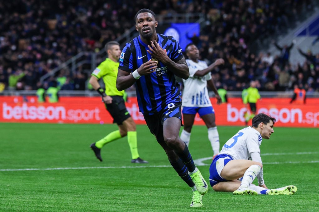 Marcus Thuram of FC Internazionale celebrates after scoring a goal during Serie A 2024/25 football match between FC Internazionale and Como 1907 at...