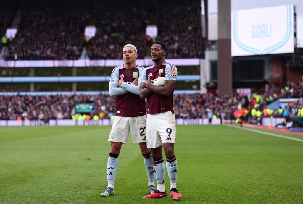 Morgan Rogers of Aston Villa celebrates scoring his team's second goal with teammate Jhon Duran during the Premier League match between Aston Villa...