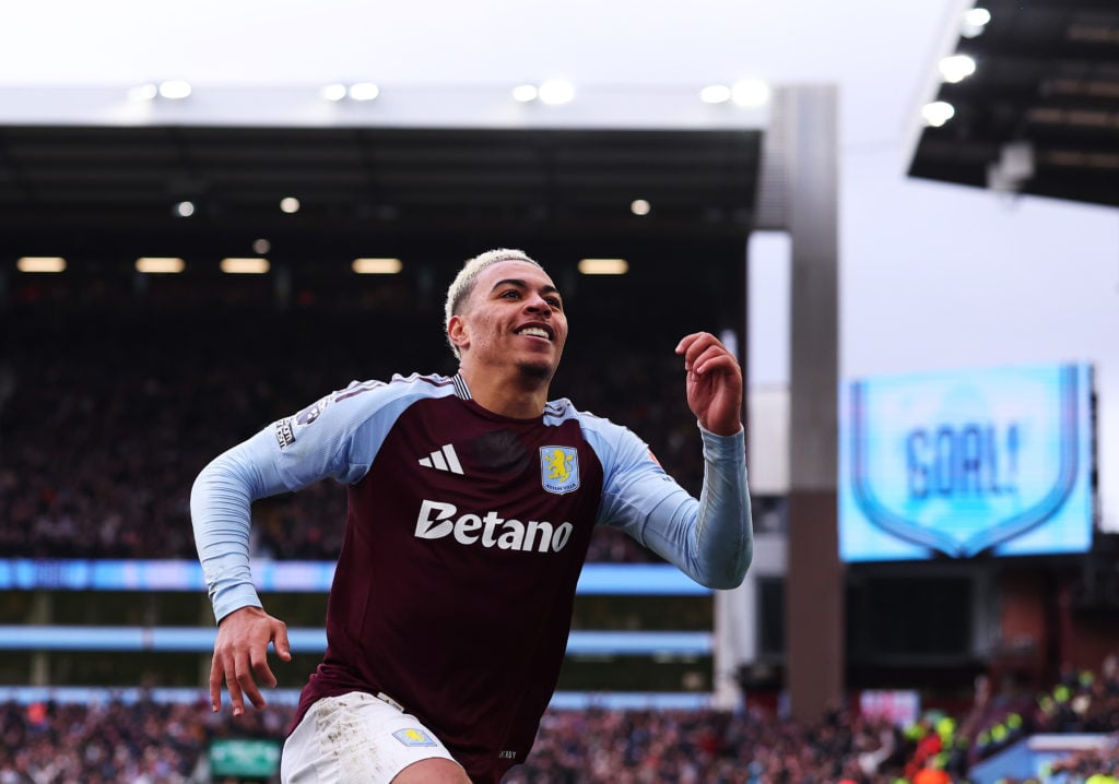 Morgan Rogers of Aston Villa celebrates scoring his team's second goal during the Premier League match between Aston Villa FC and Manchester City F...