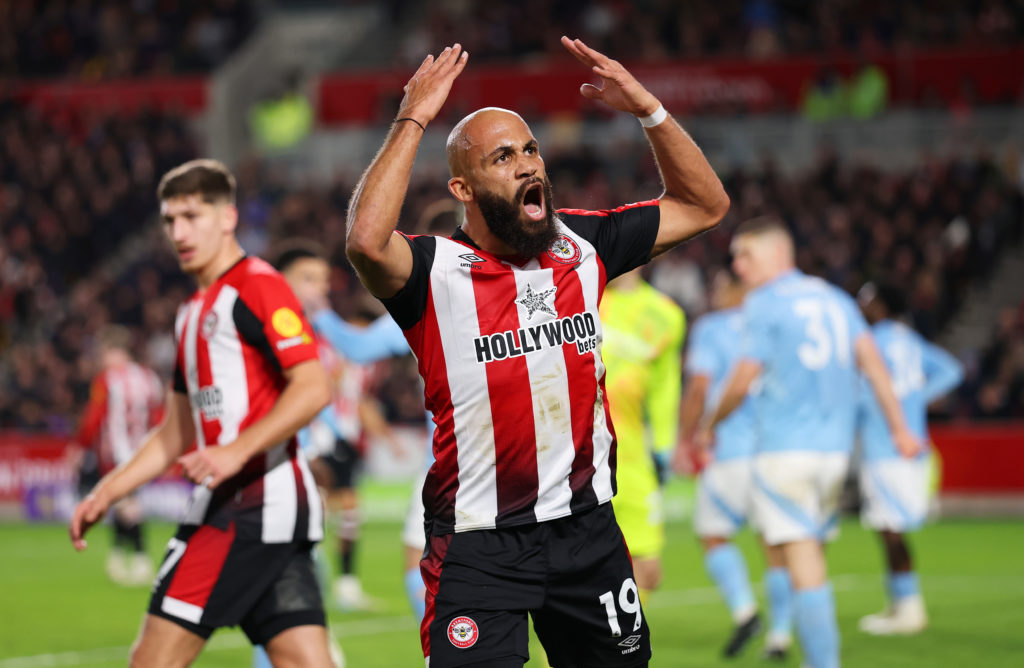 Bryan Mbeumo celebrates a goal against Nottingham Forest in the Premier League.