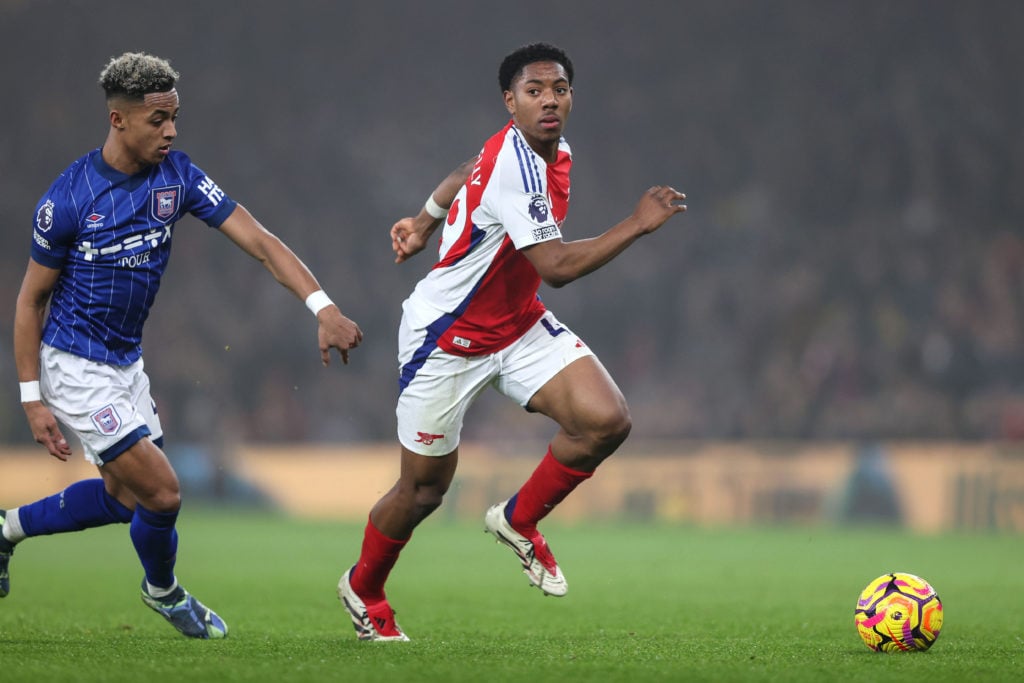 Myles Lewis-Skelly of Arsenal during the Premier League match between Arsenal FC and Ipswich Town FC at Emirates Stadium on December 27, 2024 in Lo...