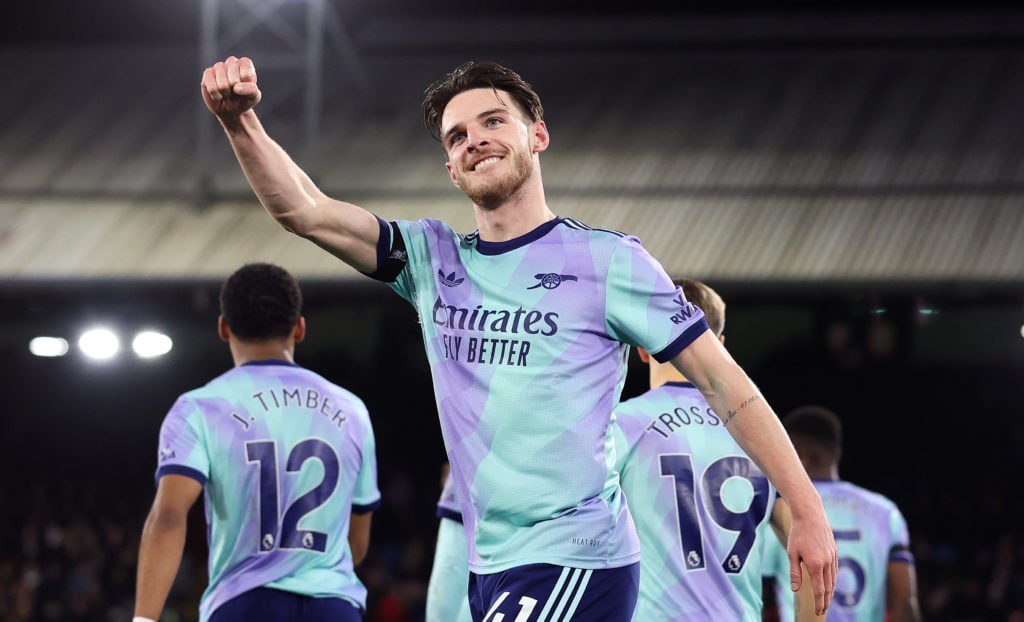 Declan Rice of Arsenal celebrates scoring his team's fifth goal during the Premier League match between Crystal Palace FC and Arsenal FC at Selhurs...