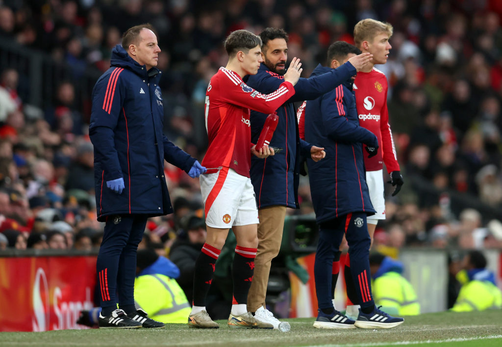 Ruben Amorim gives instructions to Alejandro Garnacho on the Old Trafford touchline during Manchester United's Premier League clash with Bournemouth.