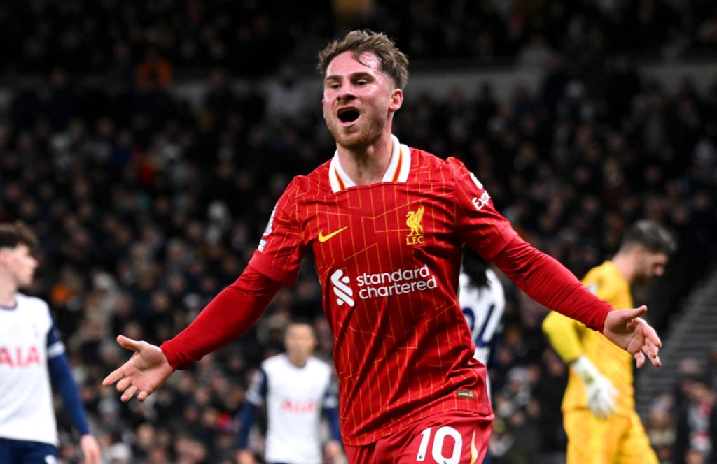 (THE SUN OUT, THE SUN ON SUNDAY OUT) Alexis Mac Allister of Liverpool celebrates scoring his team's second goal during the Premier League match bet...