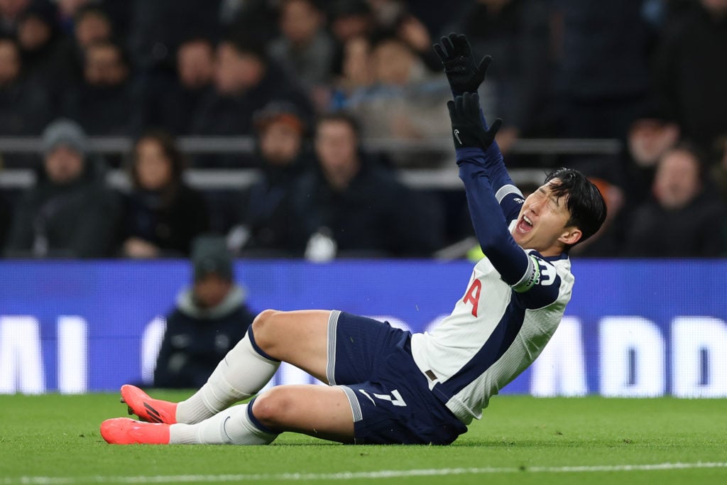 Son Heung-min of Tottenham Hotspur reacts during the Premier League match between Tottenham Hotspur FC and Liverpool FC at Tottenham Hotspur Stadiu...