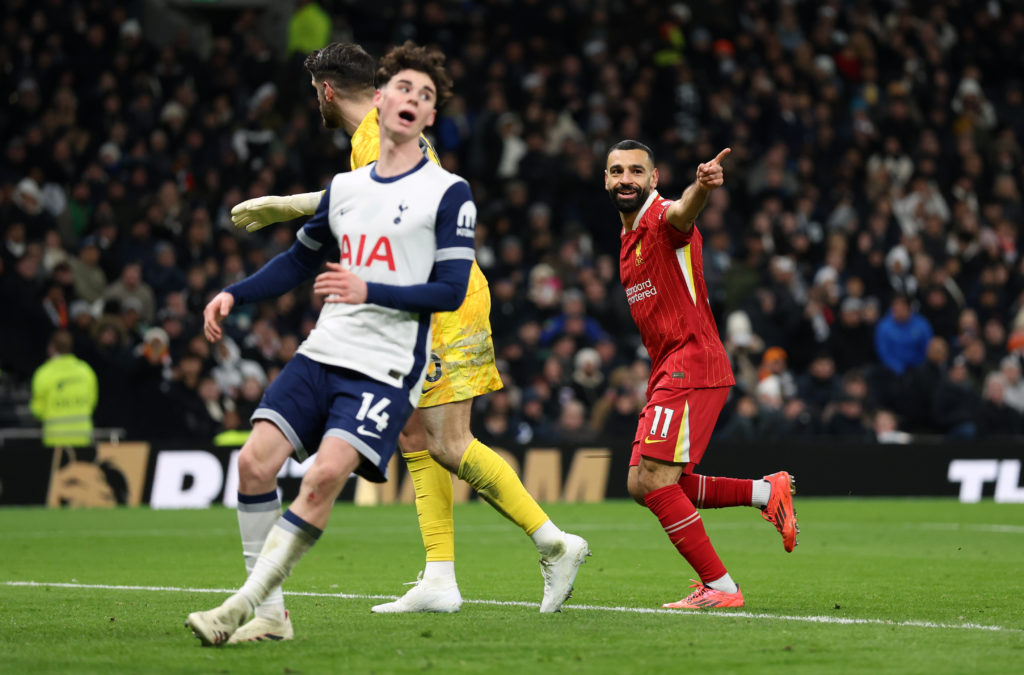 Mohamed Salah of Liverpool celebrates after scoring a goal to make it 1-5 during the Premier League match between Tottenham Hotspur FC and Liverpoo...