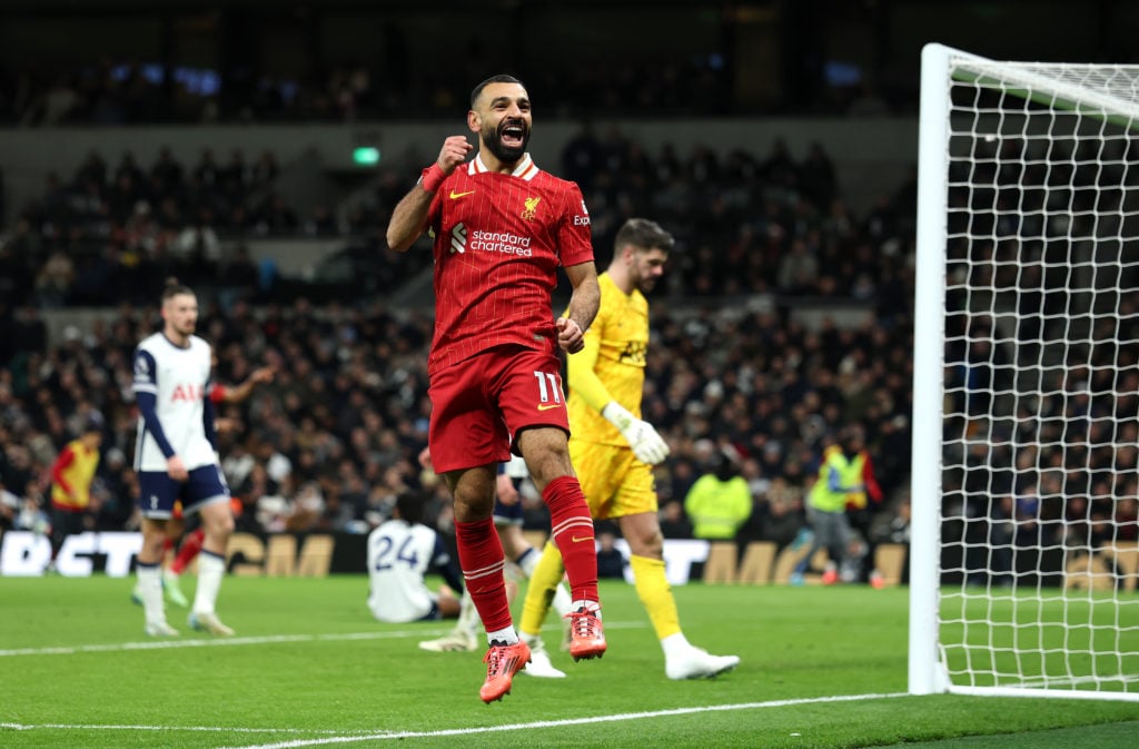 Mohamed Salah of Liverpool celebrates scoring his sides fifth goal during the Premier League match between Tottenham Hotspur FC and Liverpool FC at...