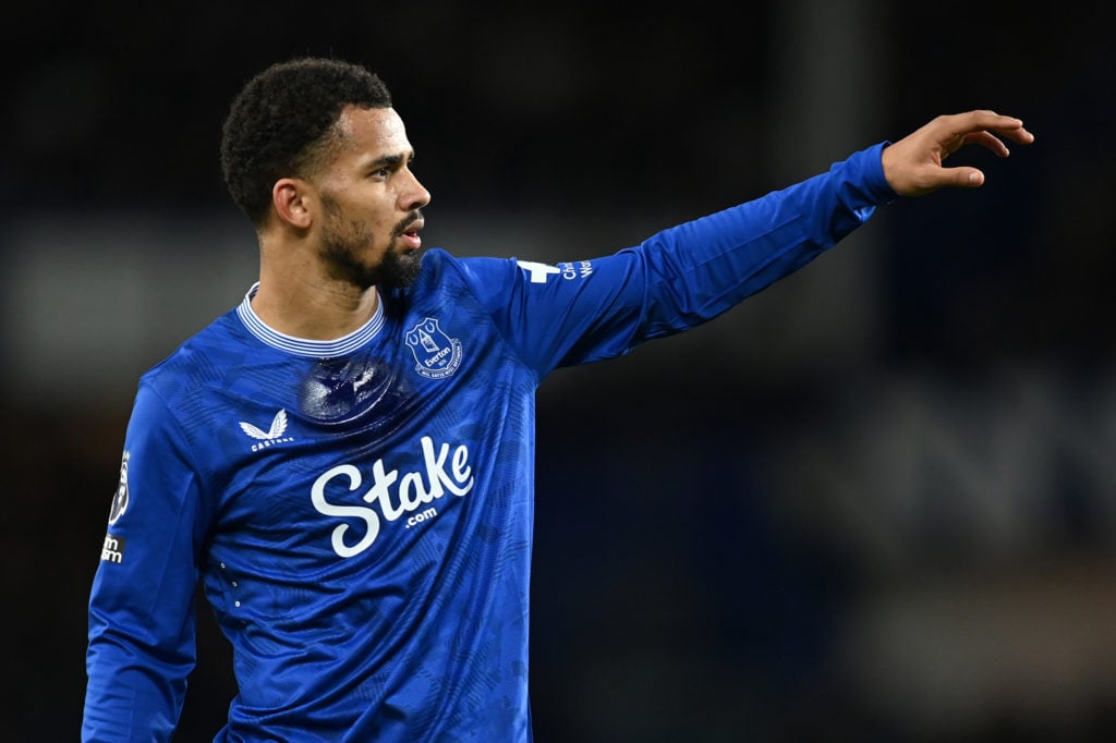 Everton's Iliman Ndiaye gestures during the Premier League match between Everton FC and Nottingham Forest FC at Goodison Park on December 29, 2024 ...