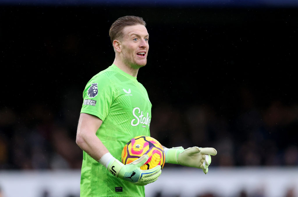 Jordan Pickford of Everton during the Premier League match between Everton FC and Chelsea FC at Goodison Park on December 22, 2024 in Liverpool, England.