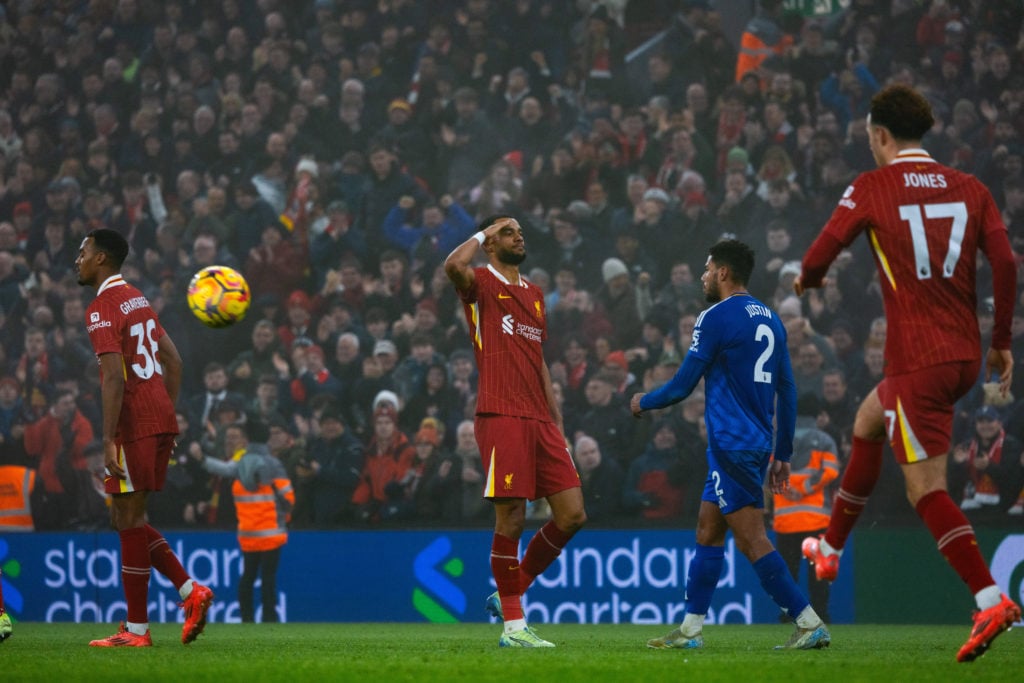 (THE SUN OUT, THE SUN ON SUNDAY OUT) Cody Gakpo of Liverpool react during the Premier League match between Liverpool FC and Leicester City FC at An...