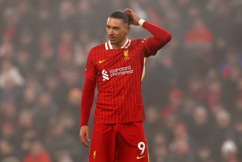 Darwin Nunez of Liverpool reacts during the Premier League match between Liverpool FC and Leicester City FC at Anfield on December 26, 2024 in Live...