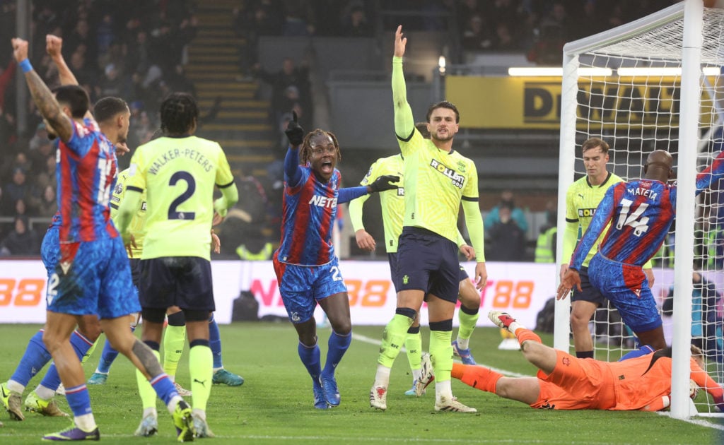 Trevoh Chalobah of Crystal Palace celebrates scoring his team's first goal during the Premier League match between Crystal Palace FC and Southampto...