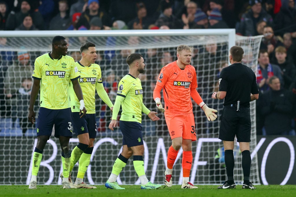 Aaron Ramsdale of Southampton reacts, towards referee Michael Salisbury after Trevoh Chalobah of Crystal Palace (not pictured) scores his team's fi...