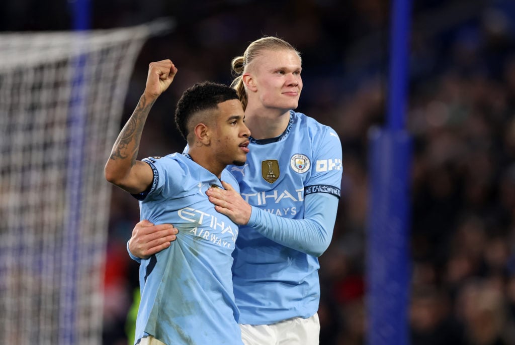 Erling Haaland of Manchester City celebrates after scoring a goal to make it 0-2 with Savinho of Manchester City   during the Premier League match ...