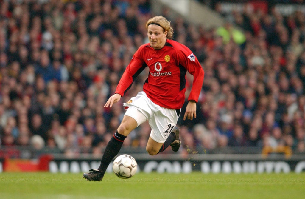 Diego Forlan in action during the FA Barclaycard Premiership match between Manchester United v Sunderland at Old Trafford on January 1, 2003 in Man...