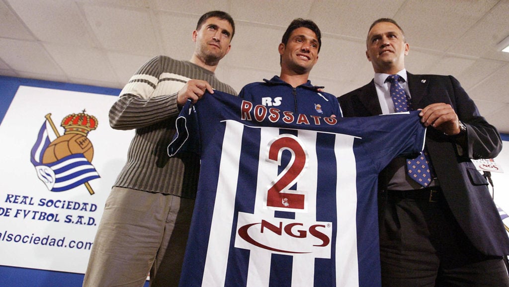 Real Sociedad Spanish football team's President Jose Luis Astiazaran (R) and Technical Director Roberto Olabe (L), flank the new Real Sociedad play...