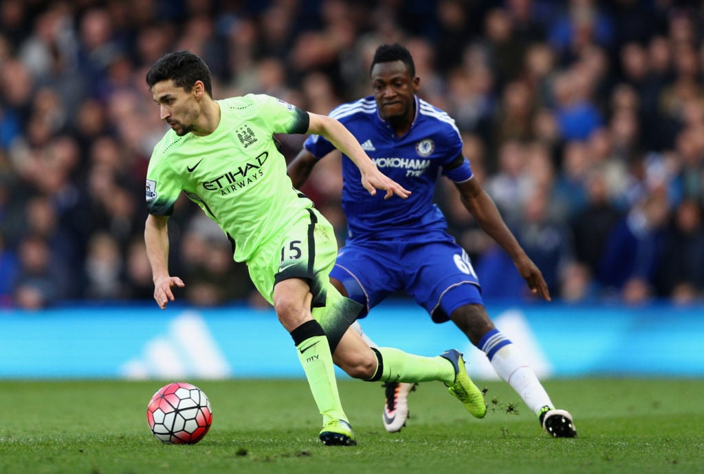 Jesus Navas of Manchester City in action with Baba Rahman of Chelsea during the Barclays Premier League match between Chelsea and Manchester City a...