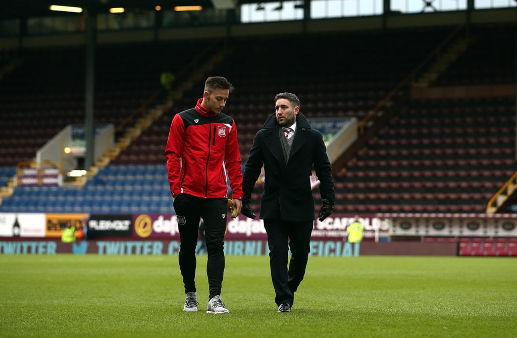 Manager of Bristol City Lee Johnson inspects the pitch with Josh Brownhill ahead of The Emirates FA Cup Fourth Round match between Burnley and Bris...