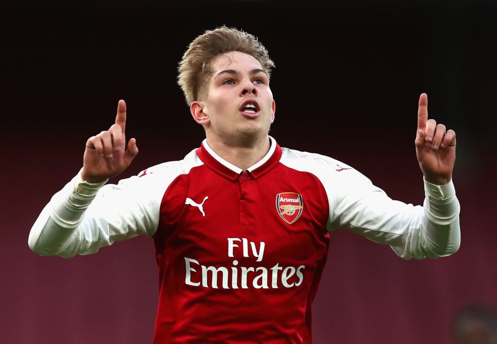 Emile Smith Rowe of Arsenal celebrates after he scores his sides fourth goal from the penalty spot during the FA Youth Cup Semi Final 2nd Leg match...