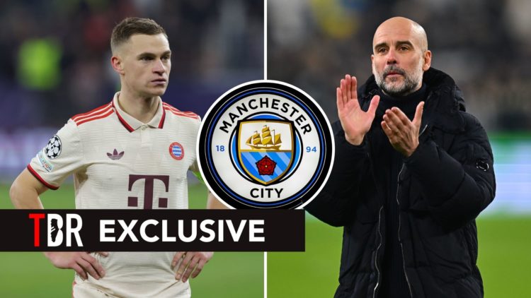 Joshua Kimmich and Pep Guardiola with the Manchester City badge inset.