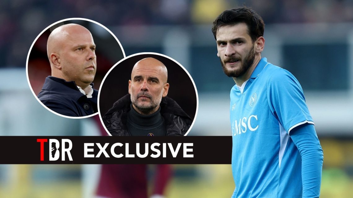 Khvicha Kvaratskhelia of Ssc Napoli looks on during the Serie A match between Torino and Napoli. Inset, Arne Slot and Pep Guardiola.