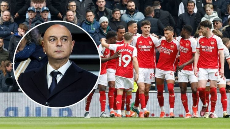 Daniel Levy looking unhappy inset over Arsenal players celebrating at Tottenham