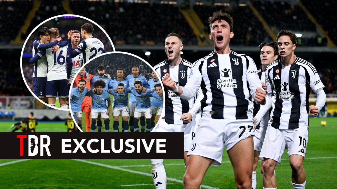 Juventus players celebrate. Inset, Manchester City and Tottenham Hotspur players.