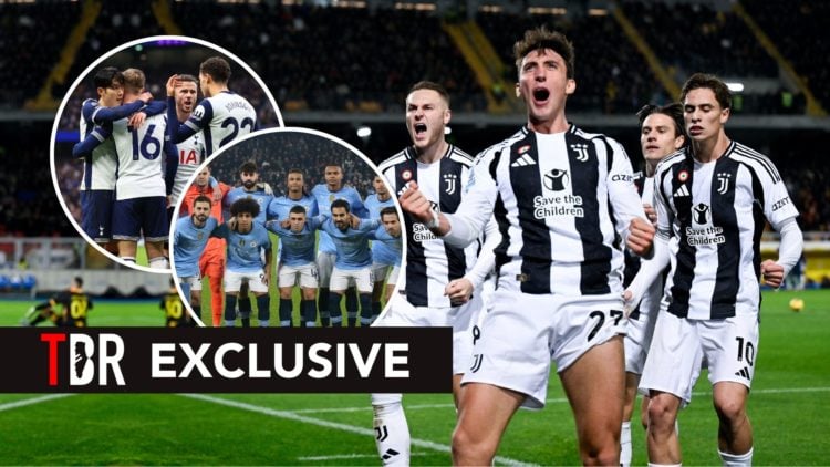 Juventus players celebrate. Inset, Manchester City and Tottenham Hotspur players.