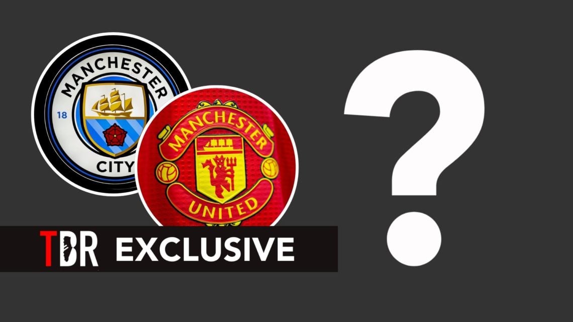 Man City and Man United badges in circles alongside a question mark