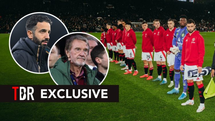 Players of Manchester United line up prior to the Premier League match between Manchester United FC and Nottingham Forest FC. Inset, Ruben Amorim a...