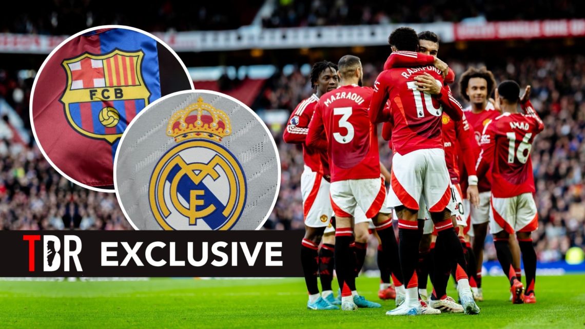 Marcus Rashford of Manchester United celebrates scoring his teams third goal with team mate Casemiro of Manchester United. Inset, badges of Barcelo...