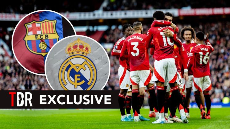 Marcus Rashford of Manchester United celebrates scoring his teams third goal with team mate Casemiro of Manchester United. Inset, badges of Barcelo...