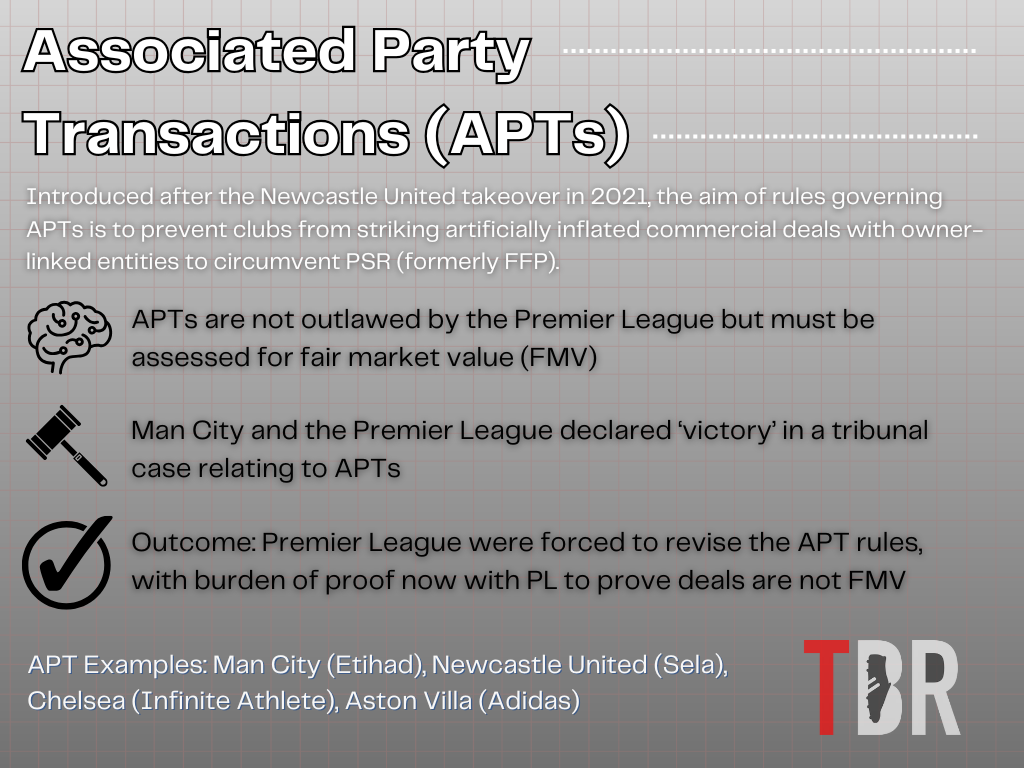 Infographic detailing the Premier League's Associated Party Transaction (APT) rules