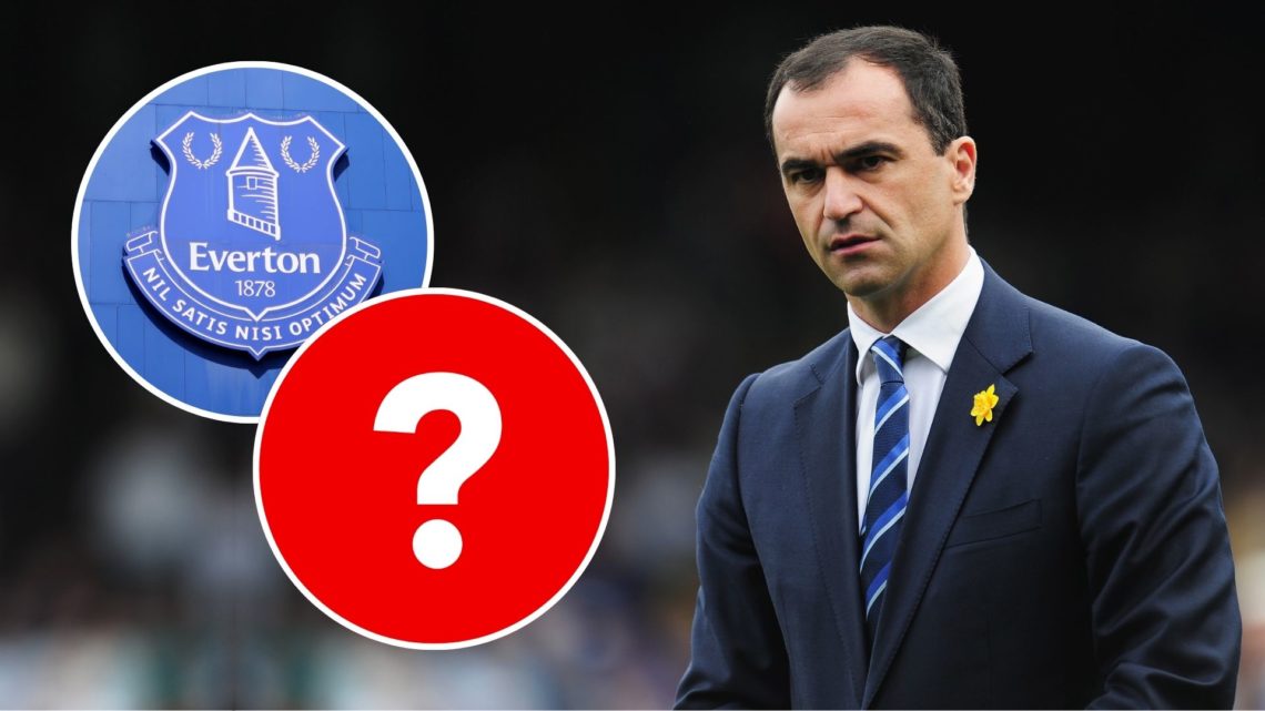 Manager Roberto Martinez of Everton walks out during the Barclays Premier League. Inset, Everton badge and a question mark.