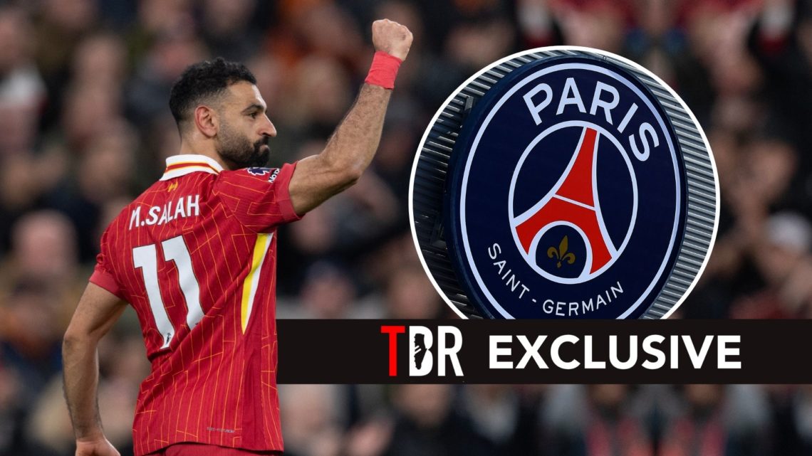 Mohamed Salah of Liverpool celebrates after scoring the second goal during the Premier League match. Inset, the Paris Saint-Germain badge.