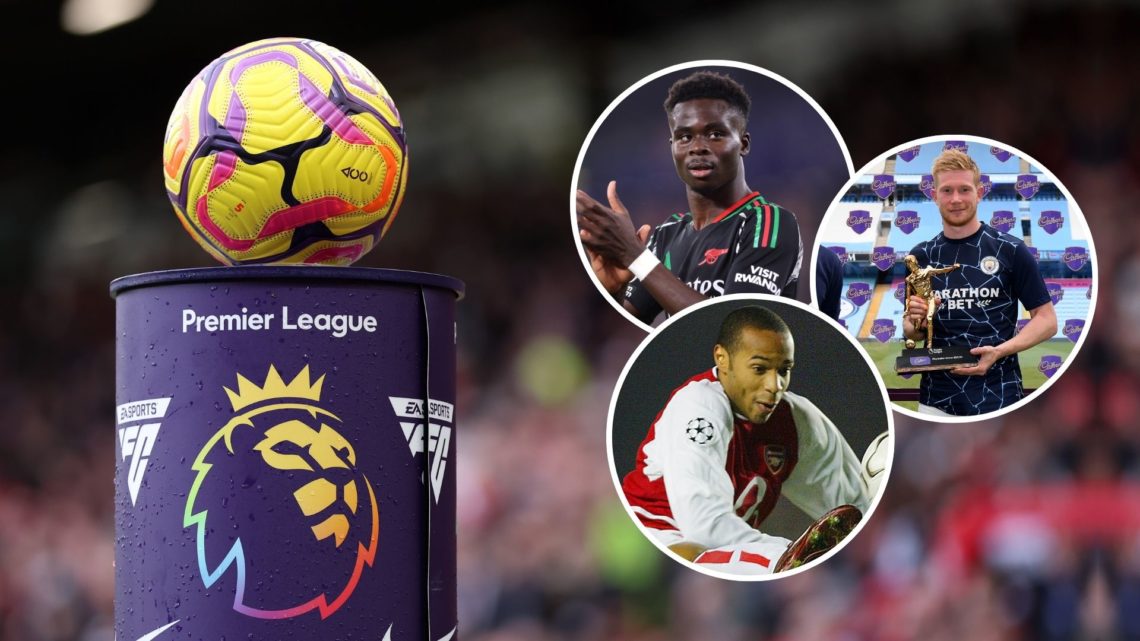 Premier League ball. Inset, Bukayo Saka, Thierry Henry, and Kevin De Bruyne.