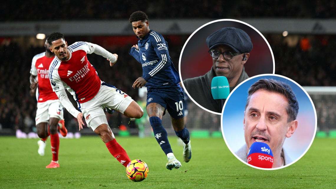 Rashford playing against Arsenal (one with Saliba) and Gary Neville and Ian Wright as insets