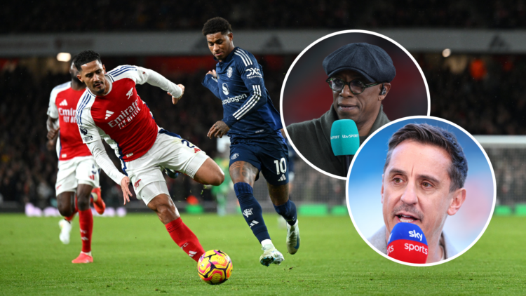 Rashford playing against Arsenal (one with Saliba) and Gary Neville and Ian Wright as insets
