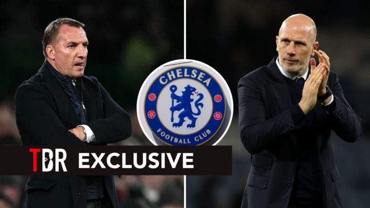 Split image of Brendan Rodgers and Philippe Clement. Inset, the Chelsea badge.