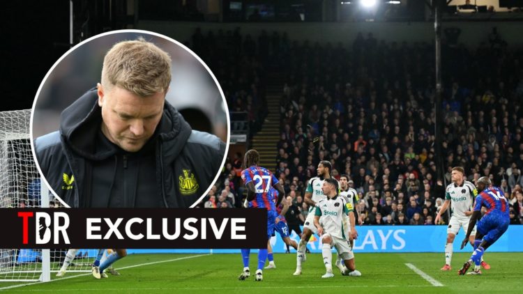 Crystal Palace versus Newcastle United. Players look on as a shot heads for the goal. Inset, Eddie Howe looking dejected.