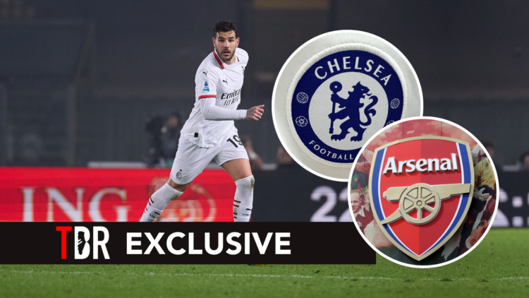 TBR Excusive Theo Hernandez with badges of Arsenal and Chelsea badge