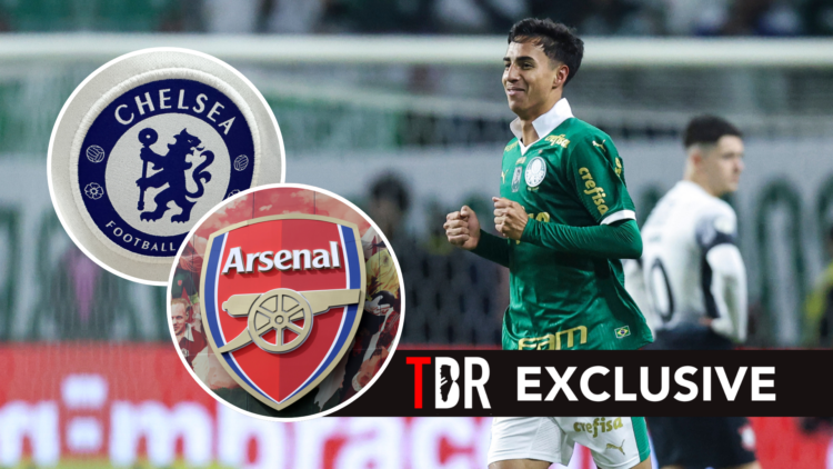 TBR exclusive image of Vitor Reis with Arsenal and Chelsea badges
