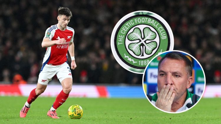 Kieran Tierney. Inset, Brendan Rodgers and the Celtic badge.